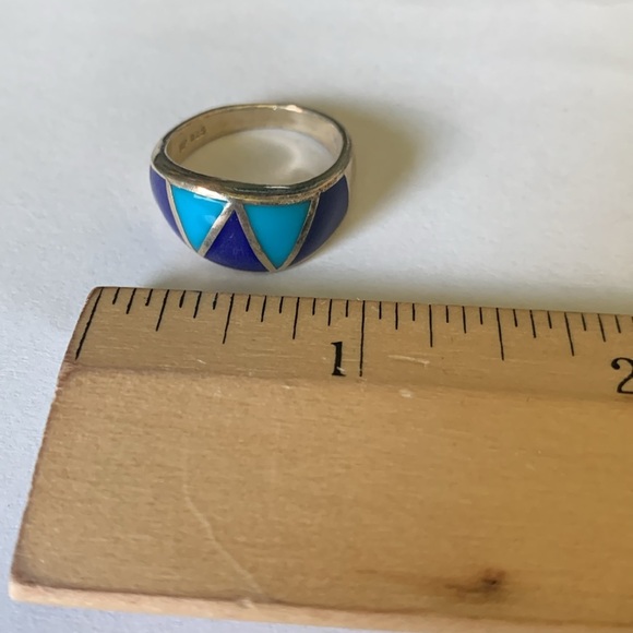 Turquoise and lapis inlay wavy band ring size 8 sterling silver 925 - Picture 5 of 7